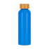 A drink bottle in bright blue with a golden cap, featuring a logo on its surface.