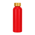 A drink bottle in bright red with a gold cap. Features a logo on the surface.