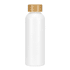 A drink bottle in white aluminium with a natural wooden screw cap and a small logo on the surface.
