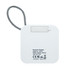 A square white Bluetooth speaker with a hanging strap and a small compartment on the back for battery access.