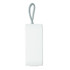 A white portable device with a grey lanyard attached, designed for convenience and mobility.
