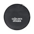 A round black zippered pouch with a logo and text on the front. The material appears durable and lightweight.
