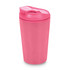 A reusable coffee cup in vibrant pink, featuring a lid and curved design, ideal for drinks on the go.