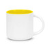 A coffee mug featuring a white exterior and a bright yellow interior, with a smooth handle and a branding logo.