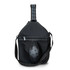 A black pickleball bag with a handle and a zipped pocket featuring a round pattern, designed for carrying equipment.