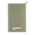 A green cooling towel with a logo, featuring a textured surface and a stitched edge.
