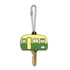A green and yellow PVC key cover shaped like a vintage caravan, attached to a silver ball chain.