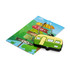 A green and yellow PVC key cover shaped like a caravan, attached to a decorative card with signs.