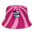 A pink and light pink striped bucket hat featuring a full colour patch and a logo on the front.