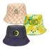 A collection of three bucket hats in pastel pink, bright yellow with patterns, and dark navy with celestial design, each featuring an embroidery patch.