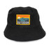 A black terry towelling bucket hat featuring a full colour patch with a mountain and sun design.