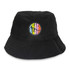 A black terry towelling bucket hat featuring a full-colour patch with a round design.