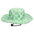 A green wide-brim hat featuring a playful pattern with words and symbols, including a logo on the side.