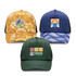 A collection of three custom caps featuring floral, sunset, and geometric patterns in orange, blue, and green.