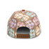 A cap featuring a patterned design in pastel colours, with a brown adjustable strap and a logo on the back.