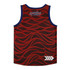 Custom youth active tank top featuring a red and dark pattern with a blue trim and a logo on the front.