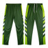 A pair of custom men's active pants in green with white and yellow accents, featuring a logo.