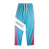 Custom youth active pants in turquoise with a gradient purple design and a logo. Features a drawstring waist.