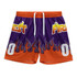 Custom women's active shorts in purple and orange with a flame design. Features a logo and a bold number zero at the front.