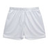 White women's active shorts with an elastic waistband and drawstring. Features a logo on the waistband.