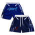 A pair of blue youth active shorts with white accents and a logo on both sides.