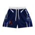 Navy blue youth active shorts with white and red accents, featuring a logo on the side.