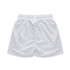 White youth active shorts featuring an elastic waistband and smooth fabric, with a logo displayed.