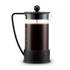 A French press in black and clear glass with a black handle, holding dark brewed coffee. It features a logo on the base.
