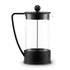 A French press with a black plastic handle and lid, featuring a clear glass body. It has a logo on the base.