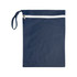 A navy blue fabric bag with a white zip closure and a handle on the side. It has a logo on the front.