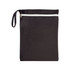 A black fabric pouch with a white zip at the top and a handle on the side. It features a simple design.
