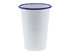 A tumbler with a white body and a blue rim, measuring 425ml and 8cm tall. Features a logo.