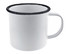 A white enamel mug with a black rim and handle, featuring a simple design and a metallic finish.