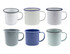 A set of six enamel mugs in various colours: white, grey, light blue, dark blue, and cream, featuring contrasting rims and handles.