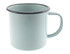 A mug with a light green enamel finish and a black rim, featuring a handle and a simple design.