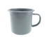 A grey enamel mug with a handle, featuring a glossy finish and a rounded rim, includes branding.