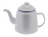 A white enamel teapot with a purple rim, featuring a spout and a lid. It has one handle and a smooth finish.