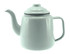 A light grey enamel teapot with a curved spout and a lid, featuring a sturdy handle and a glossy finish.