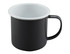A two-tone mug in black and white with a glossy finish and a sturdy handle. It has a logo on the side.