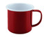A red two-tone enamel mug with a white inner surface and a sturdy handle. It has a branding logo visible.
