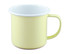 A two-tone yellow and white enamel mug with a handle, featuring a simple, smooth design.