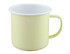 A two-tone mug in pastel yellow with a white interior and a handle, featuring a logo.