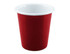 A red enamel tumbler with a white inner lining, 300ml capacity and 8cm height, featuring a logo.