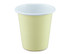 A tumbler featuring a pale yellow exterior with a white rim and an interior. Includes a logo on the surface.