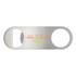 A silver bottle opener with a circular cutout and a logo featuring green and orange text.