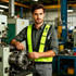 A reflective safety vest in bright yellow with adjustable straps, worn by a man in a workshop setting.