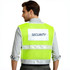 A reflective safety vest in bright yellow, featuring a logo and "SECURITY" text, worn by a man from the back.