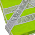 A bright yellow reflective safety vest with transparent stripes and a mesh design, featuring a logo.
