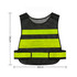 A reflective safety vest in bright yellow and black, featuring adjustable straps and multiple reflective strips.