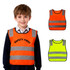 A reflective safety vest for kids in orange and yellow, featuring silver stripes and a logo.